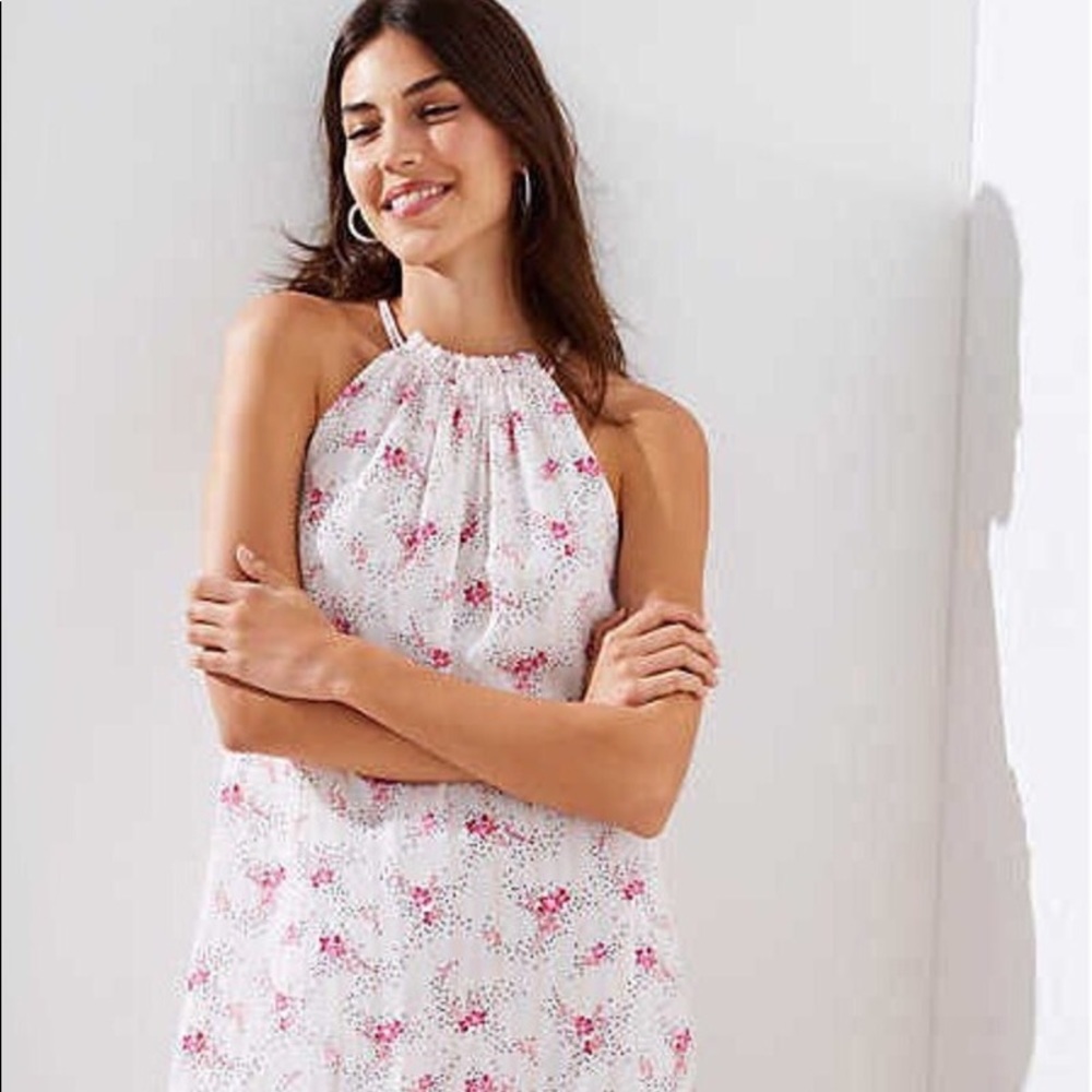 LOFT Pink Floral Gathered Neck Swing Dress (NWT)